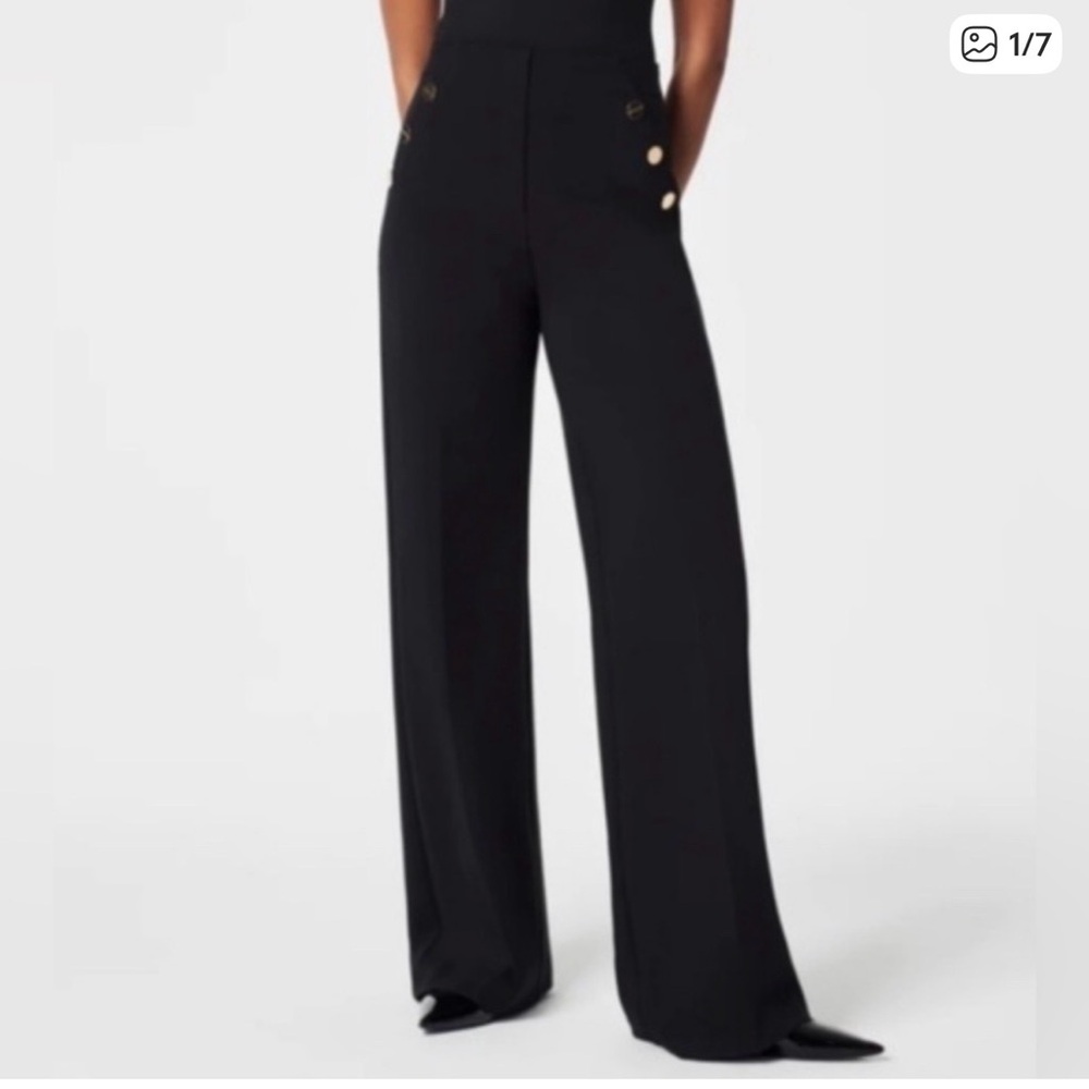 SPANX Black Wide-Leg Trousers with Gold Buttons